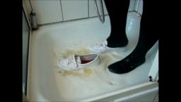 Jana fill messy her shiny white Adidas Concord Round ballerinas with pink stittches with eggs and wa