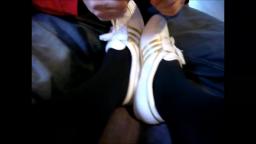 Jana's friend write on and paints her Adidas Concord Round Ballerinas white patent on her feet yt tr